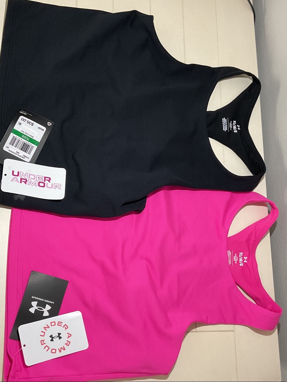Under Armour Girls’ Racerback Tank Tops — Black & Hot Pink (2-Pack)